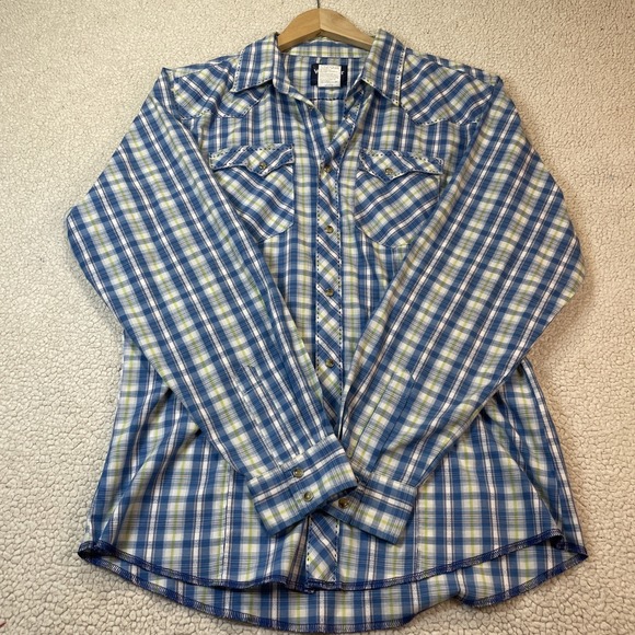 Wrangler Shirt Mens Extra Large Blue Plaid Western Pearl Snap Long Sleeve Rodeo - Picture 1 of 9
